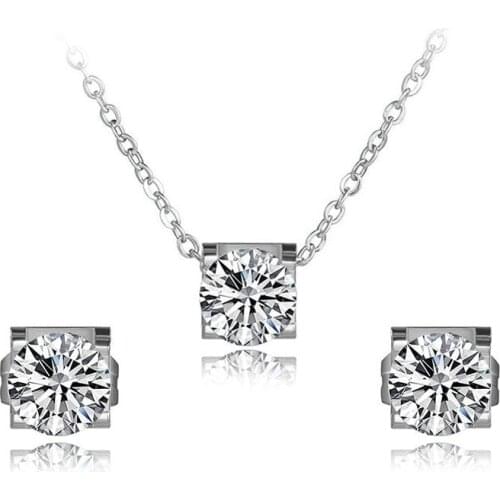 JeeMango Classic Rose Gold Shiny Cubic Zirconia Earrings Necklaces Set For Women Stainless Steel Wedding Bridal Sets Jewelry