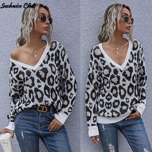 Spring 2021 V-neck Leopard Pullover Knitted Sweater Womens Slim Long Sleeve Casual Sweater