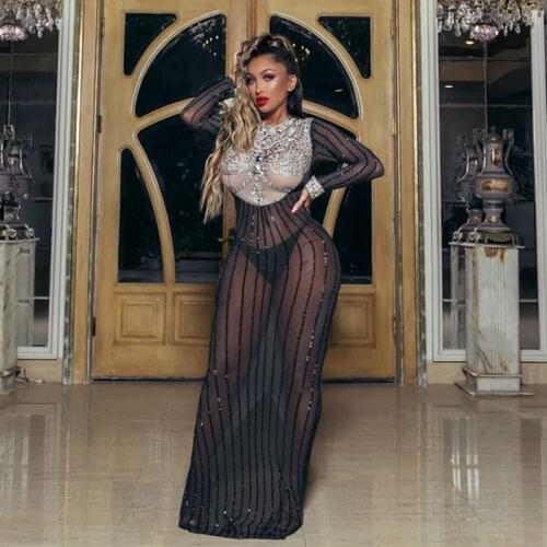 Luxury Crystal Black Mesh Perspective Long Dress Evening Prom Party Rhinestones Dresses Birthday Celebrate Outfit Stage Costume