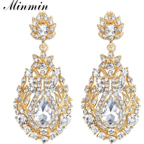 Minmin Luxury Gold Color Large Wedding Drop Earrings for Women Vintage Crystal Bridal Dangle Earrings 2019 Fashion Jewelry EH729