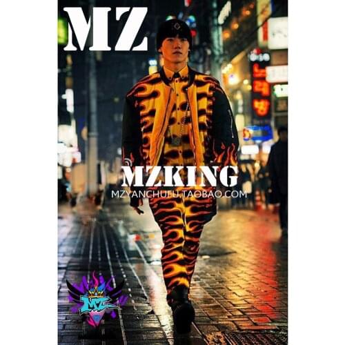 Shirts+coat+pants 3pcs flame slim set male singer performance clothes night guest stage costume fashion nightclub bar DJ mens