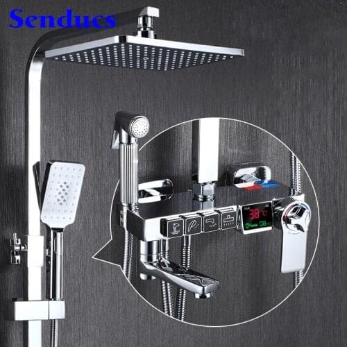 Senducs Chrome Digital Bathroom Shower Set Solid Brass Bathroom Faucets Rainfall Shower Head Thermostatic Shower Mixer Sets