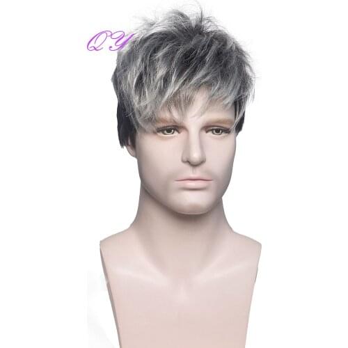 Synthetic Men Ombre Wigs Natural Short Straight Black Ombre Grey Man Wigs Fashion Style Adjustable Size Breathable Male Hair
