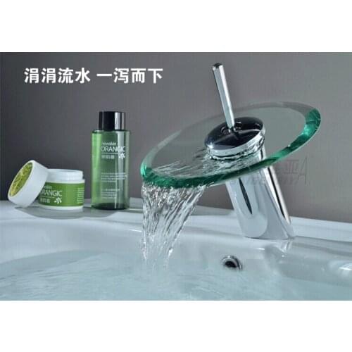 Bathroom Washbasin Faucet with Waterfall Glass Vessel Style,Brass Body Construction and Chrome Polished Mixer Tap wengtang