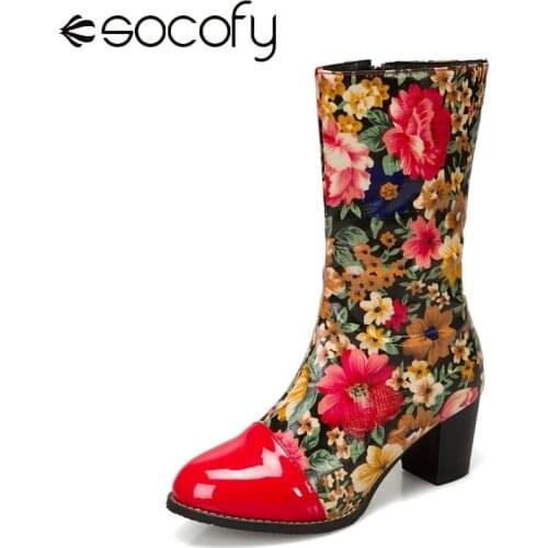SOCOFY Women Round Toe Boots Flowers Splicing Side Zipper Chunky Heel Mid-calf Boots Casual Outdoor Shoes Botas Mujer 2020