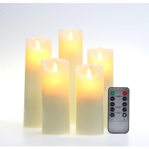 Flameless LED Candles 5" 5.5" 6" 7" 8" Set of 5 Ivory Real Wax Pillars & Moving Flame Wick With 10-Key Remote Control