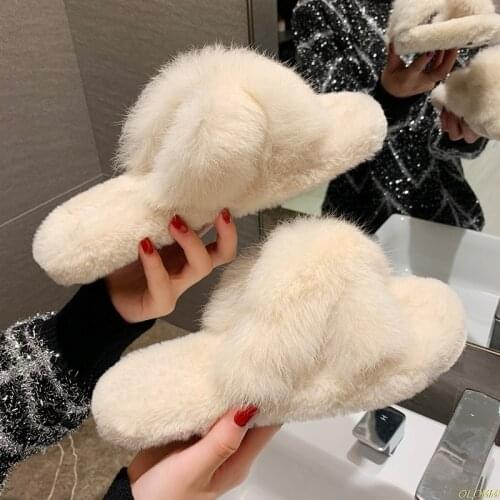 Winter Women Warm Raibbit Fur Home Slippers Ladies Cross Soft Plush Furry Female Open Toe Womens House Shoes Woman Slides
