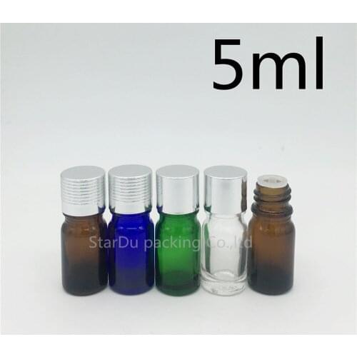 High-quality 100pcs/lot 5ML Glass Bottle Vials Essential Oil Bottle, 5cc Perfume bottles silvery Aluminum cap with plug