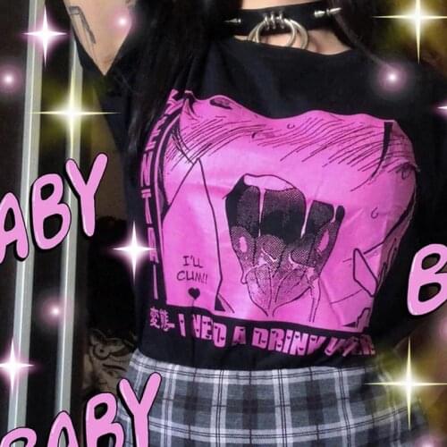 Japan I NEED A DRINK WATER Letter Sweet Girls Tops Cartoon Summer Casual Harajuku Cute E-Girl Anime Vintage Loose Women T-Shirt