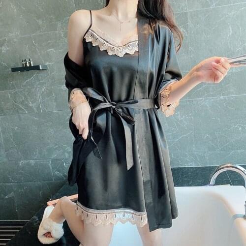 Women Pajamas High Quality Sexy lace Long Sleeve Nightdress Brand Ice silk Home Wear Summer Two-piece Suspender Nightdress Sets