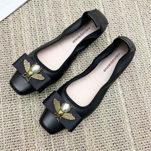 Women Flats 2020 Square Toe Casual Shoes Women Spring Bow Ballet Flats Loafers Shoes Sheepskin Women Flat Shoes Large Size 34-43