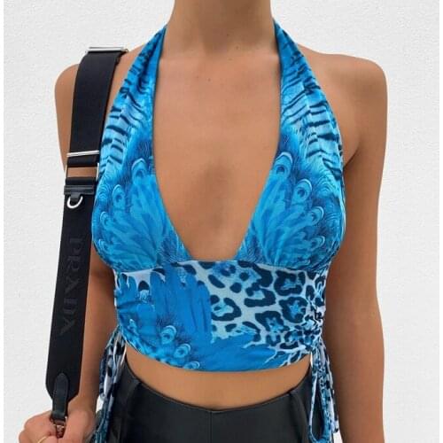 Women’s 2 Piece Outfits, Sexy Animal Print Drawstring Halter Tank Tops + Flare Pants Set Streetwear