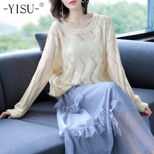 YISU Hollow Mohair Sweater Women Knitted Tops Jumper Autumn Winter Oversize Sequin design Pullover Knitwear Tops Sweaters Women