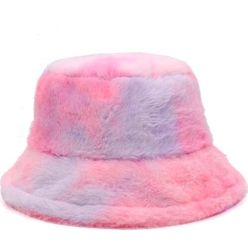 Winter Faux Fur Fluffy Bucket Hats Tie Dye Women Outdoor Warm Sun Hat Soft Velvet Furly Fisherman Cap Lady Fashion Panama Female
