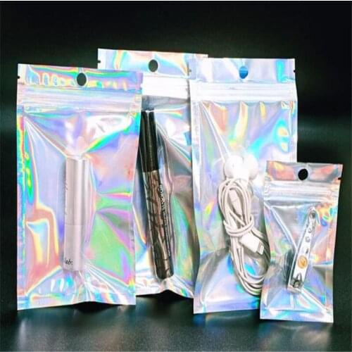 100Pcs/Lot Laser Transparent Ziplock Bags Aluminized Bag Data Line Sealed Pouches Laser Jewelry Hang Hole Front Clear