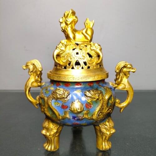 7"Chinese Folk Collection Old Bronze Cloisonne Enamel Lion statue Chilong Binaural Three-legged incense burner Office Ornaments