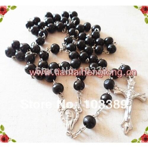 Free shipping 1pcs/pack black 8mm bead rosary wooden catholic religous rosary/ religous rosary/rosario necklace