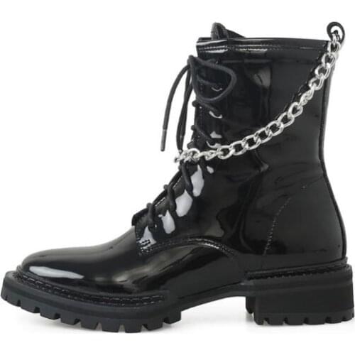 Girls Black Patent Leather Sliver Chain Lace Up Front Short Martin Boots Woman 35 mm Heels Square Toe Slim Casual Ankle Boots