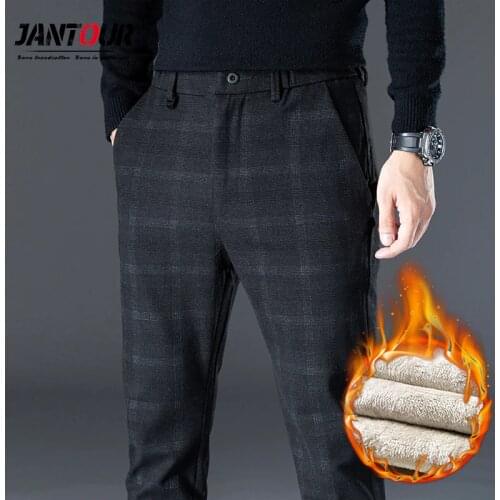 Winter Fleece Pants Me High Quality Business Casual Plaid Slim Cotton Long Trousers Male Black Gray Thick Pant Big Size 28-40