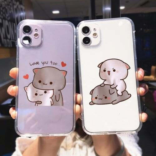 Cute Couple Lover Phone Case for IPhone X XR XS 7 8 Plus 11 12 Pro MAX Lovely Cat Cover Transparent Soft Silcone TPU Shell Coque