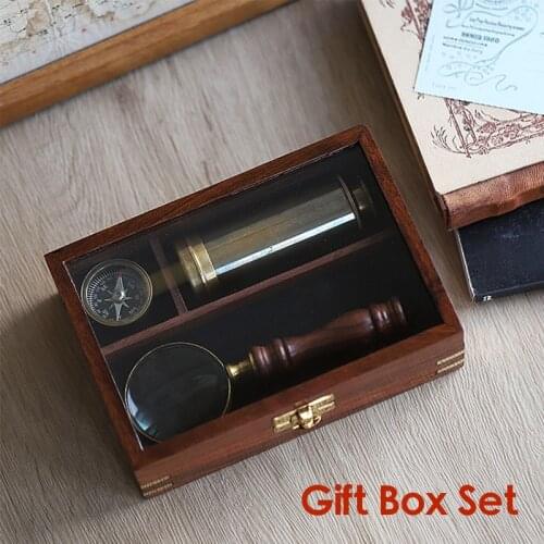 Wood Gift Box Set Telescope Compass Magnifying Glass Set for Elders Collection Home Desk Decor Outdoor Tools Photography Prop