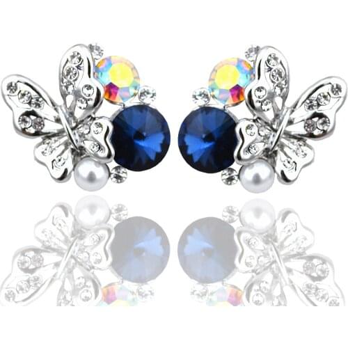 E066 Crystal Butterfly Ladies Stud Earrings Silver Color Fashion Earrings Women Jewelry New 2017 Latest Silver Earring Designs