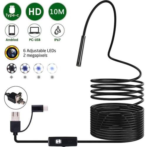 3-In-1 Endoscopic Camera 7mm USB Endoscope Camera 10M Hard Cable Flexible Coil Detection Endoscope Mobile Phone PC Endoscope