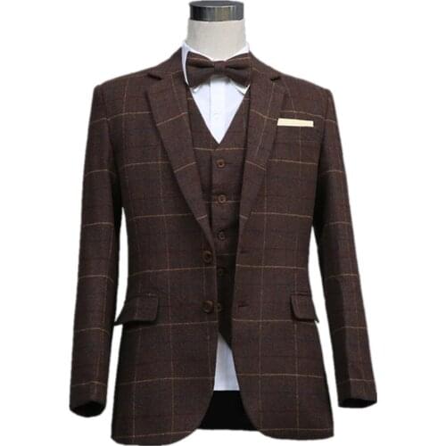Check Tweed Custom Made Men suit Blazers Retro wedding suits for men 3 Piece Brown Groom Tuxedos (Jacket+Vest+Pant)