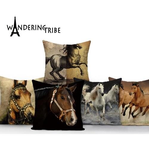 18'' Square Horse Printed Cushion Cover Vintage Cotton Linen Square Pillow Cover Knitted Cushion Covers Customized Drop Shipping