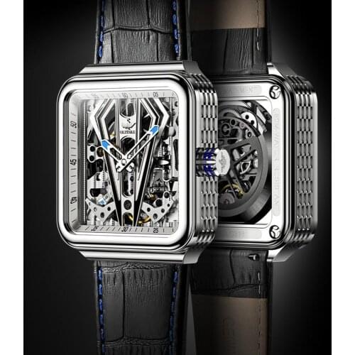 OUPINKE Automatic Watch Men Skeleton Mechanical Watch Steampunk Sapphire Crystal Square Leather Transparent sports Wristwatch