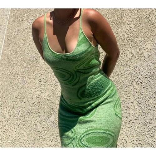 Plus Size Print Knit Bodycon Dress Women Green Y2K Summer Hollow Out Sexy Sleeveless Spaghetti Strap Beach Midi Dresses Party