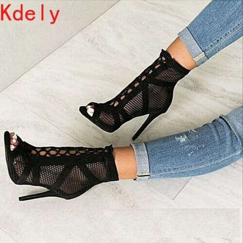 2021 Fashion Black Summer Sandals Lace Up Cross-tied Peep Toe High Heel Ankle Strap Net Surface Hollow Out Sandals