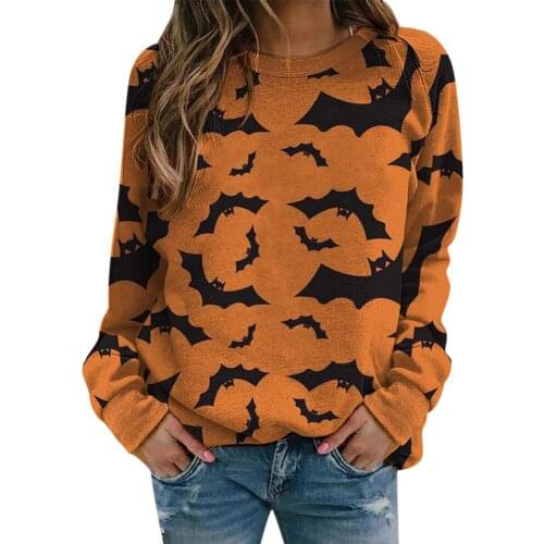 Crewneck Sweatshirts Halloween Harajuku Kawaii Pumpkin Bats Graphic Hoodies Teen Girls Casual Loose Long Sleeve Blouse Moletom