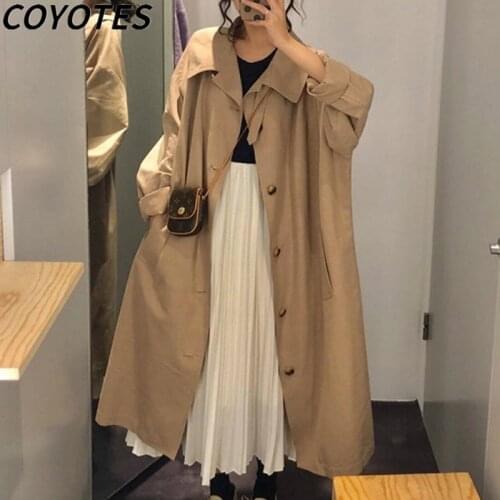COYOTES Women Trench Long Coat Khaki Single Breasted Pocket Overcoat Womens Coats Loose Harajuku Korean Style Leisure Fashion
