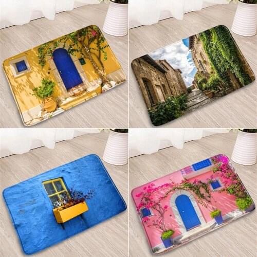 Street Scenic Bathroom Mats Spring Flowers Retro Old Window Door Rug Kitchen Bedroom Flannel Absorbent Non-Slip Carpets Washable