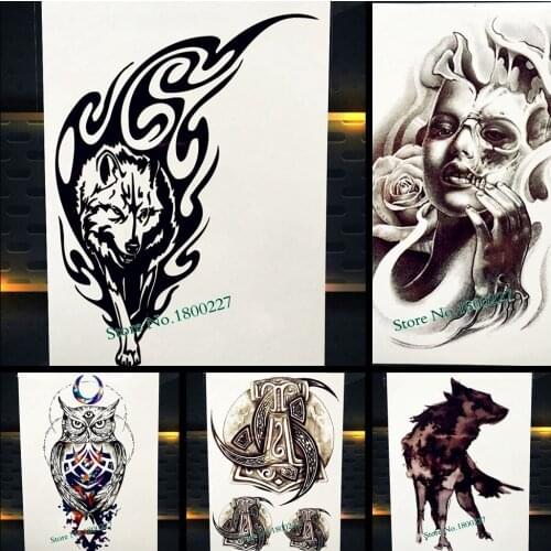 Cool Black Wolf Totem Temporary Tattoo Body Art Arm Sleeve Waterproof Fake Flash Tattoo Stickers For Men Women Henna Tatoo Paste
