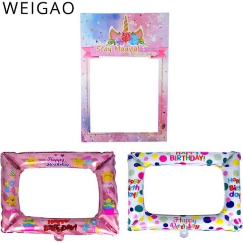 WEIGAO Unicorn Photo Booth Frame Happy Birthday Party Foil Balloons Photobooth Props Decoration Kids Baby Shower Unicorn Party