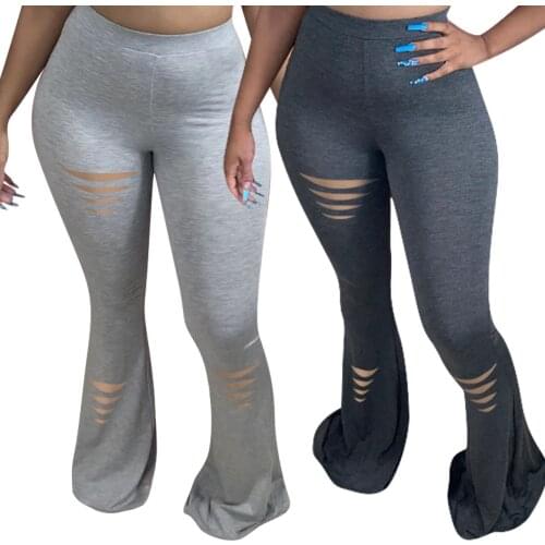 Echoine Women Wide Leg Flare Pants Solid Pantacourt High Waist Hole Cut Out Bell-bottoms Trousers Draped Jogger Pants Sweatpants