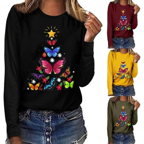 Womens pullover autumn thin section small fresh dragonfly butterfly print casual long-sleeved O-neck multicolor pullover 50