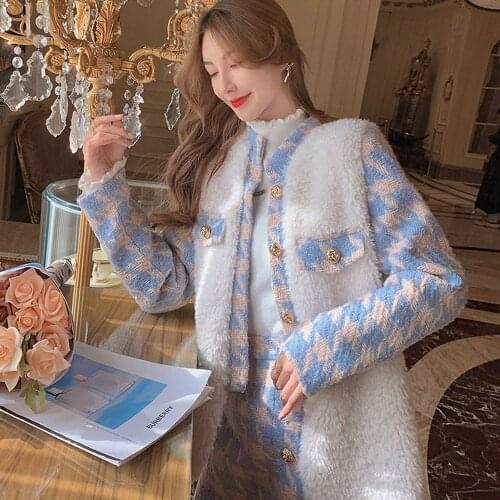 2021 Spring Autumn Korean Elegant Gentle Blue Tweed Jacket High Waist Bag Hip Skirt Small Fragrant Wind Winter Temperament Suit