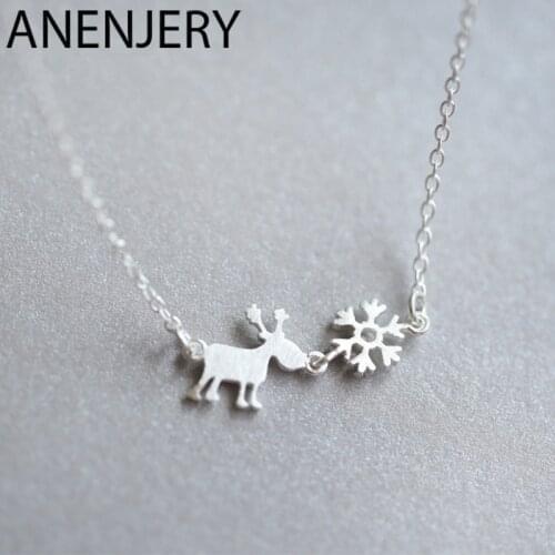 ANENJERY 925 Sterling Silver Hot Fashion Christmas Jewelry Deer Snowflake Necklace For Women Girl Gift S-N169