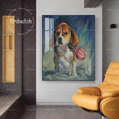 1 Pieces Cute Colored Dog With Tulip Animals Pictures Modern Home Decor Posters For Living Room Artworks HD Canvas Paintings