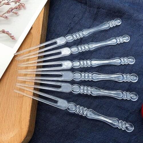 100Pcs/lot Home PE Disposable Fruit Fork Slub Shaped Handle Transparent Food Grade Vegetable Salad Tool For Kitchen Accessories
