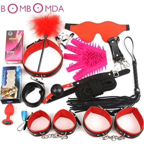 16Pcs Sex Flirting Leather BDSM Kit Adult Games Mini AV Vibrator Sex Bondage Set Handcuffs Whip Rope Anal Plug Erotic Sex Toys