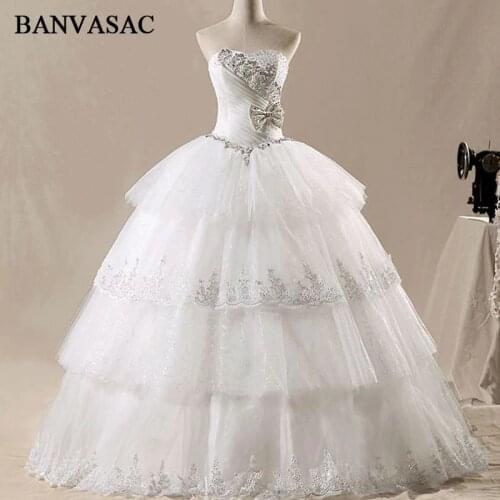 BANVASAC 2017 New Elegant Embroidery Strapless Wedding Dresses Luxury Crystals Sleeveless Satin Lace Bridal Ball Gowns