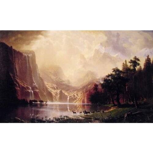 Large Landscape Oil Painting on Canvas by Albert Bierstadt Among the Sierra Nevada Mountains California Wall Art Handpainted