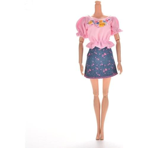 1 Set Pink Clothes Sets Summer Short Sleeve Flower Print Doll Dress elegant Skirt For Doll 1 Skirt + 1 T-shirt