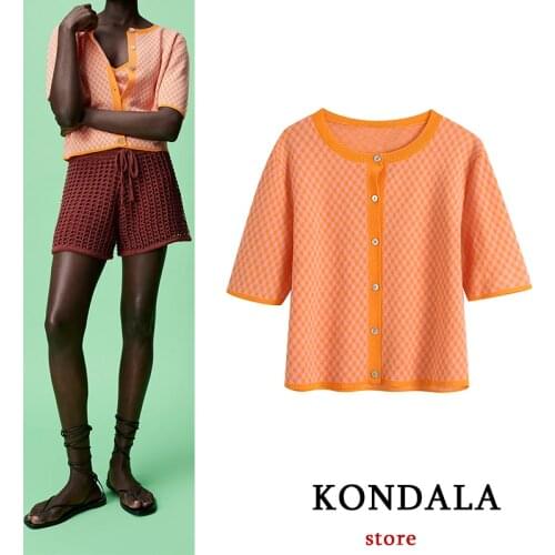 KONDALA Women Orange Cardigan Za Shirts 2021 New Plaid Tops Bright Color Streetwear Vintage Shirts Mujer Shirts Casual Blouse