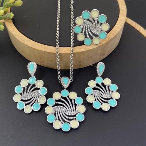 Lanyika Fashion Jewelry Set Hopeful Geometry Circle Drip Oil Micro inlay Necklace with Earring and Ring for Women Best Gift