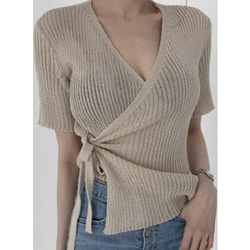 Korean Fashion Sweater Sexy Cross Strap V-Neck Pullover Top 2021 Solid Knitted Warm Top Short-sleeved Loose Sweater New 16139